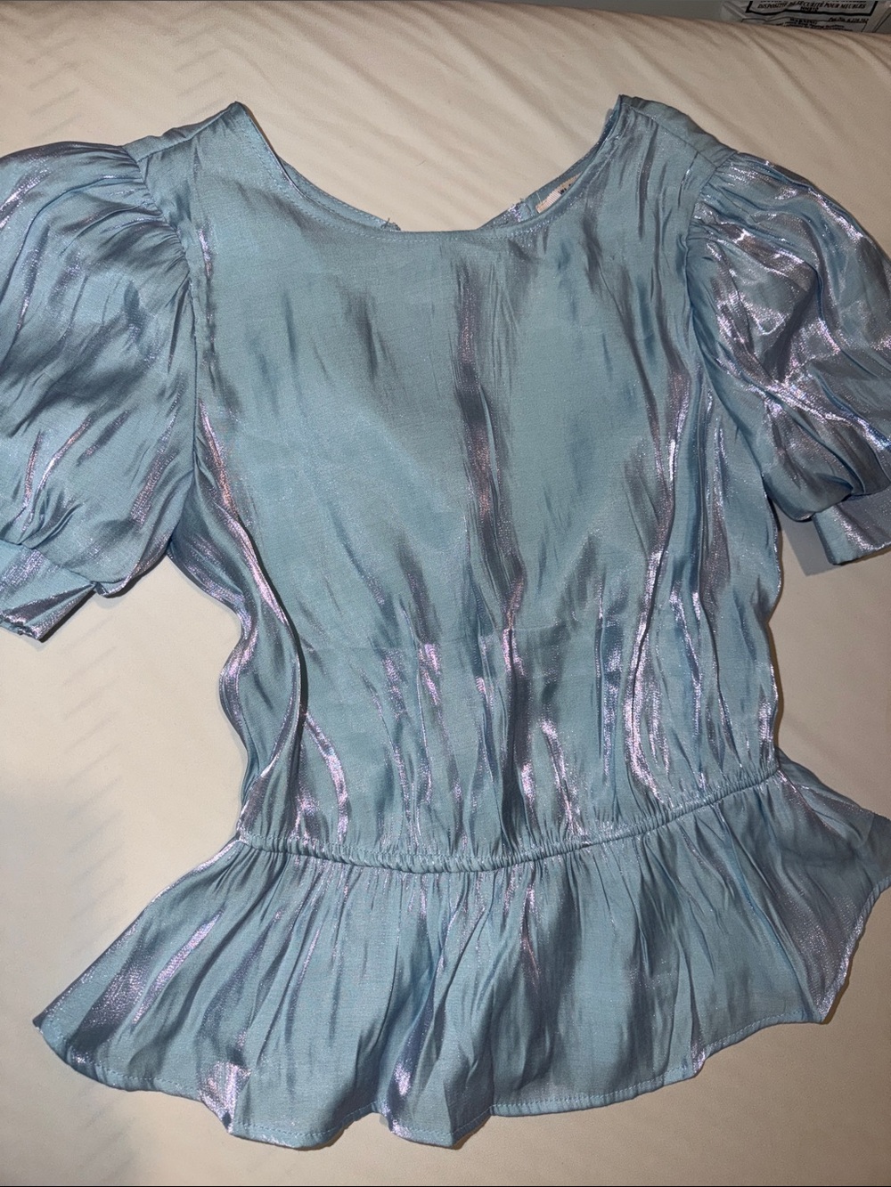 Light Blue Metallic Peplum Puff-Sleeve Women's Top